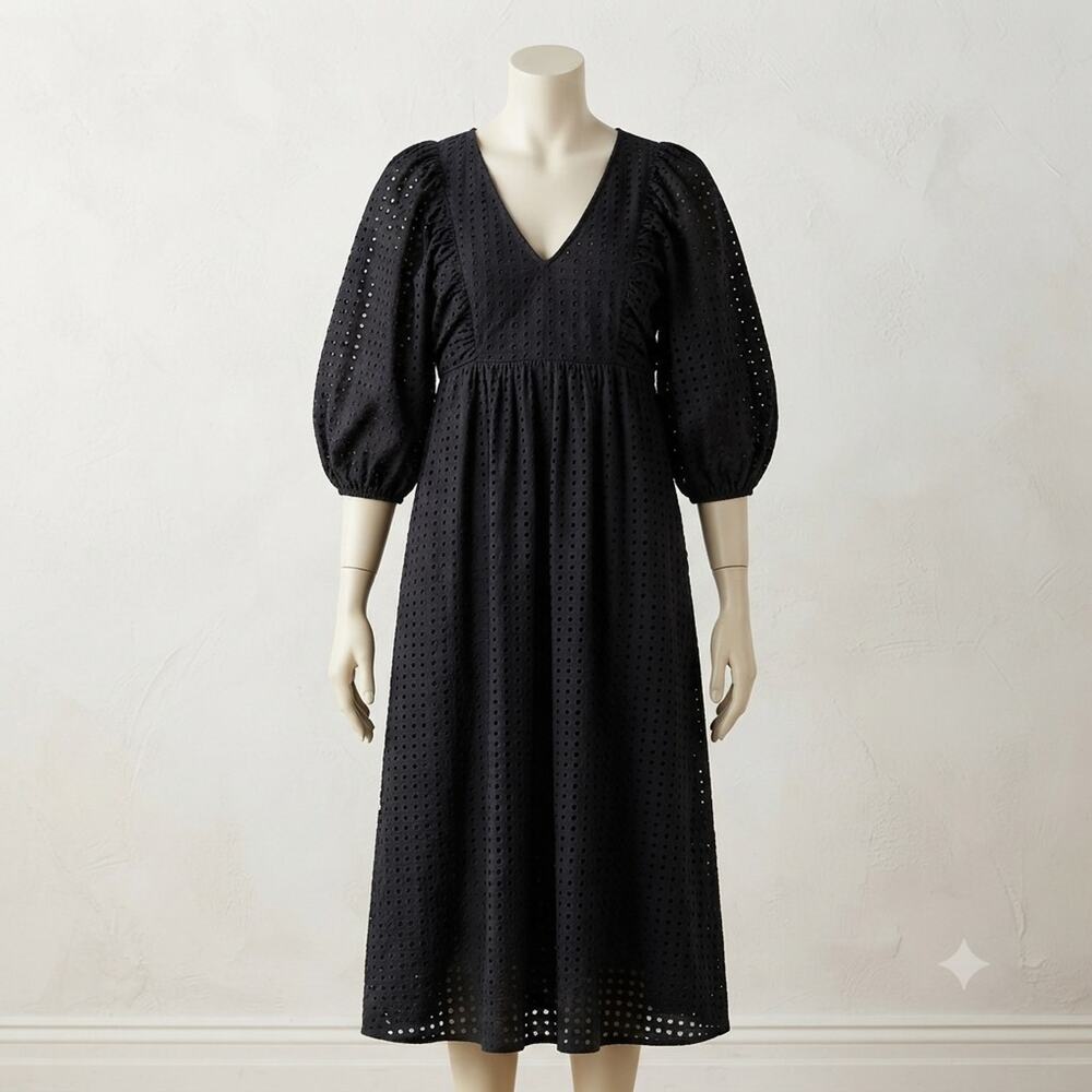 A New Day Black Eyelet Dress Puff SleeveV-Neck Sz Small Fully Lined Summer